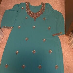 Teal Embroidered Long Sleeve Dress